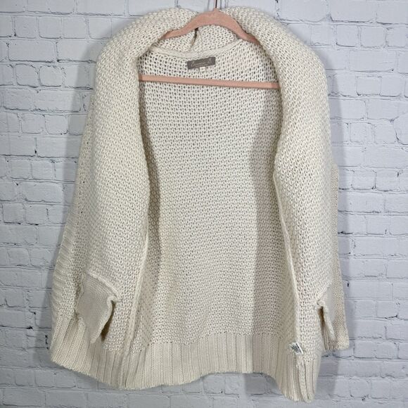Wool Cardigan Women Medium Ivory Long Cable Knit Open Front Cottage Sweater - Picture 3 of 11